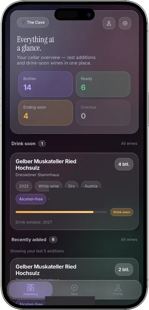 Corko's cellar overview on iPhone: 14 bottles, 6 ready to drink
